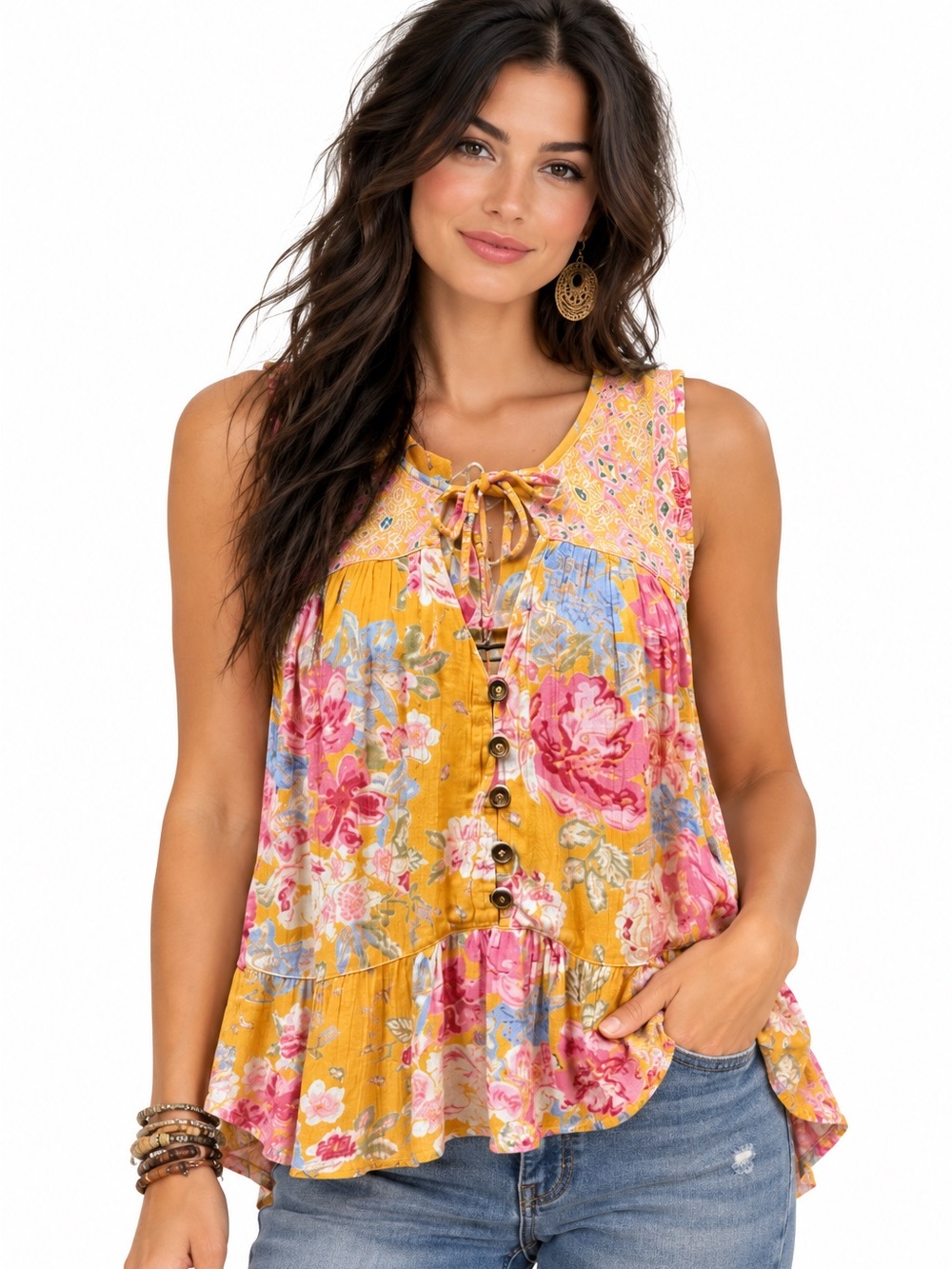 Angie Yellow Floral Sleeveless Boho Tie-Neck Tunic